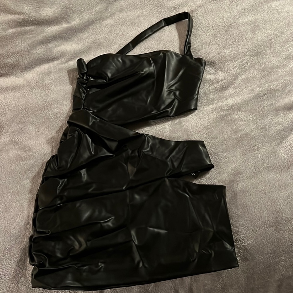 Black Faux Leather One-Shoulder Mini Dress